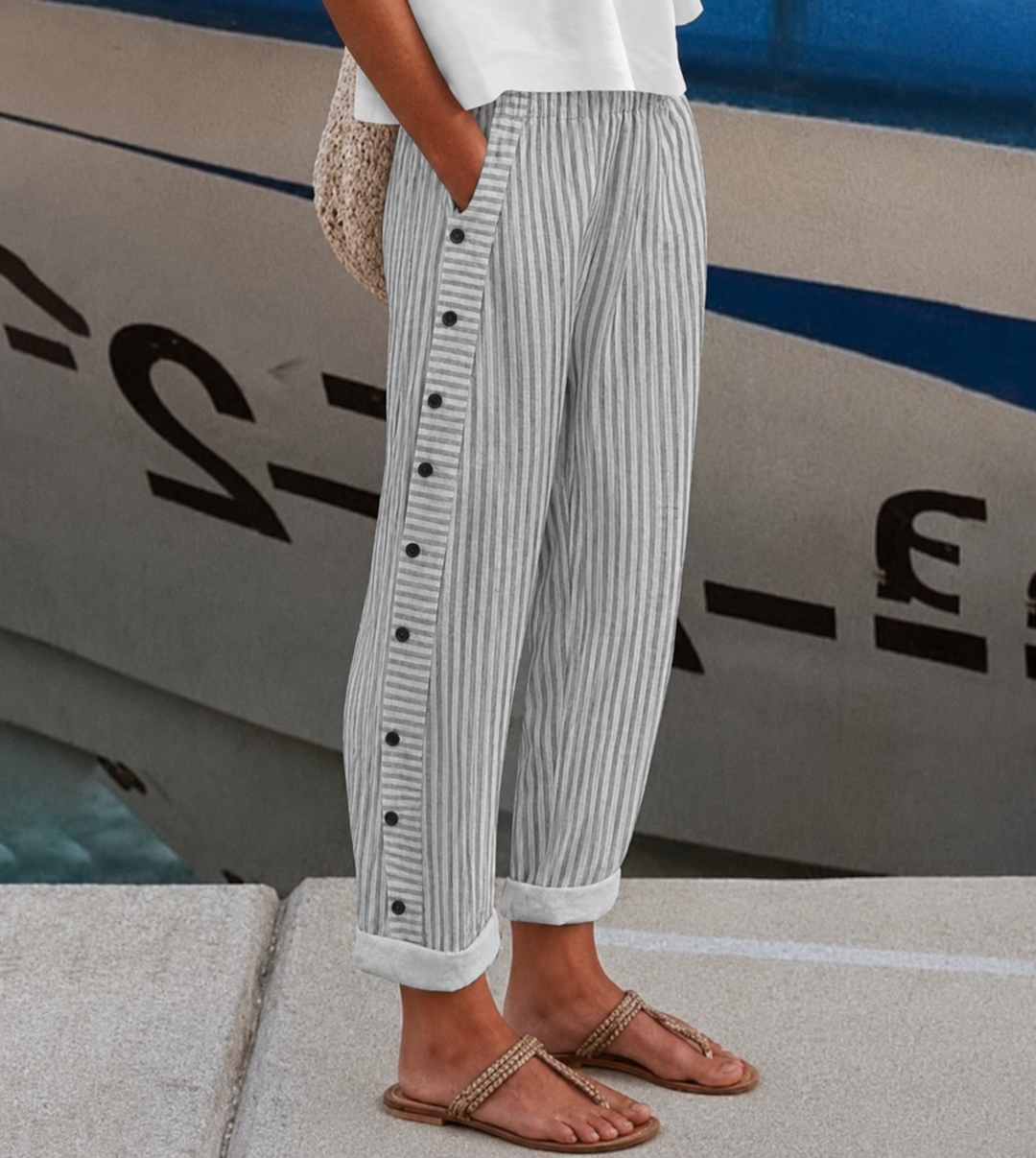 Women's Casual Button Front Striped Wide Leg Pants