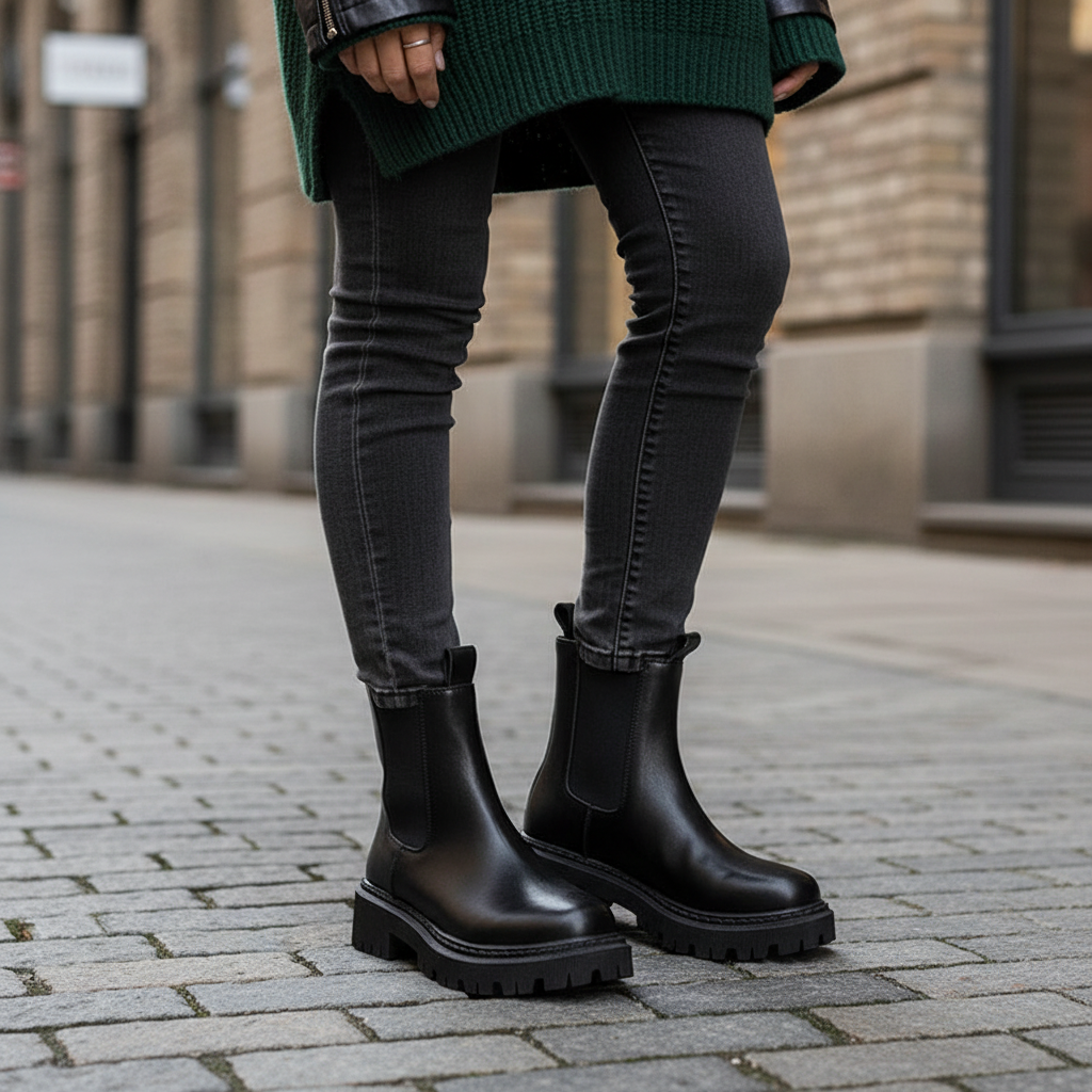 Women's Casual Leather Round Toe Chelsea Boots with Chunky Platform
