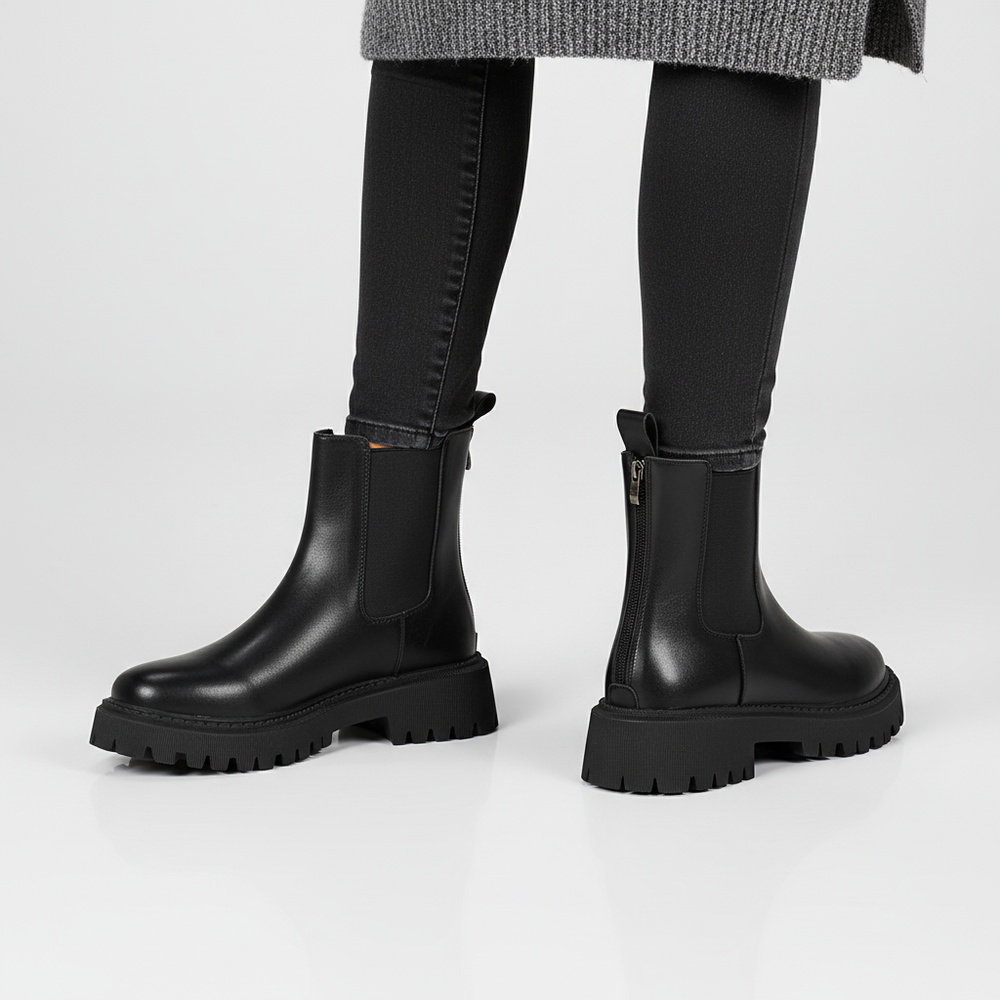 Women's Casual Leather Round Toe Chelsea Boots with Chunky Platform