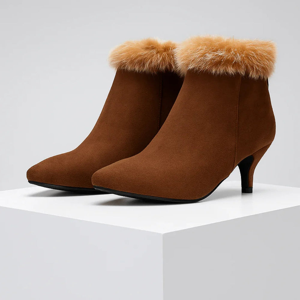 Women's Chic Suede Fur Pointed Toe Kitten Heel Boots