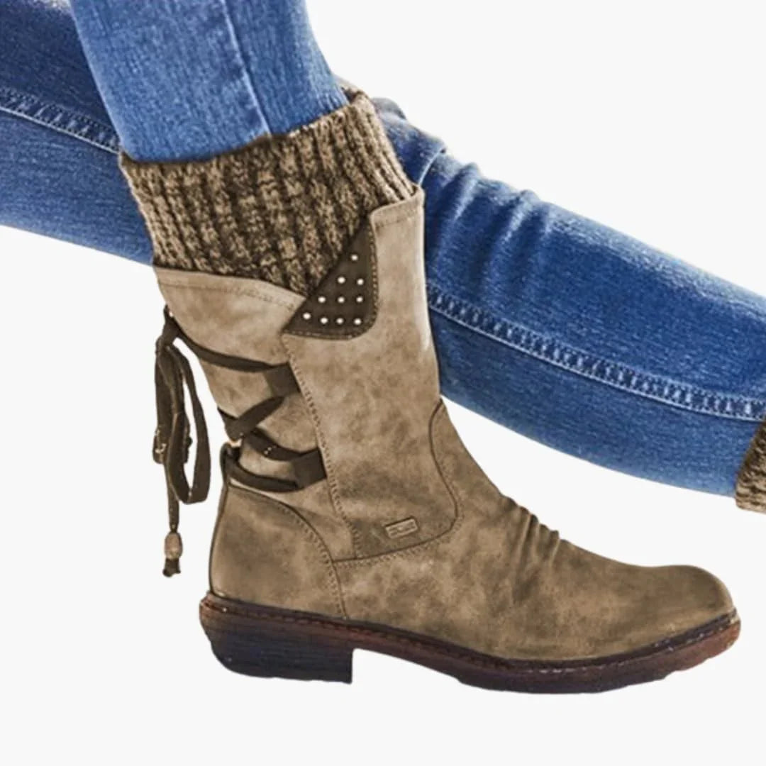 Women's Stylish Suede Lace-Up Mid Calf Snowproof Boots with Knit Cuff