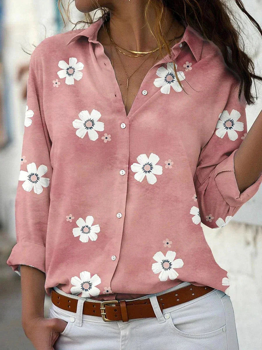 Women's Casual Cotton Collared Floral Print Blouse