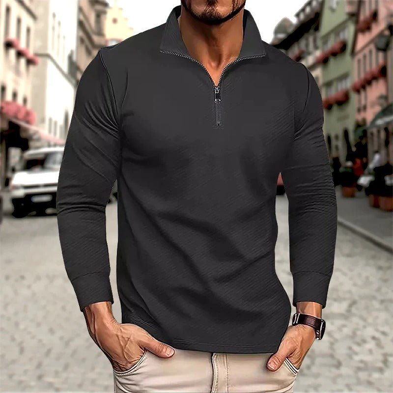 Men's Casual Cotton Long Sleeve Zip Polo Shirt