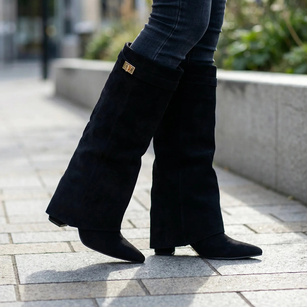 Women's Chic Suede Knee High Boots with Pointed Toe and Block Heel