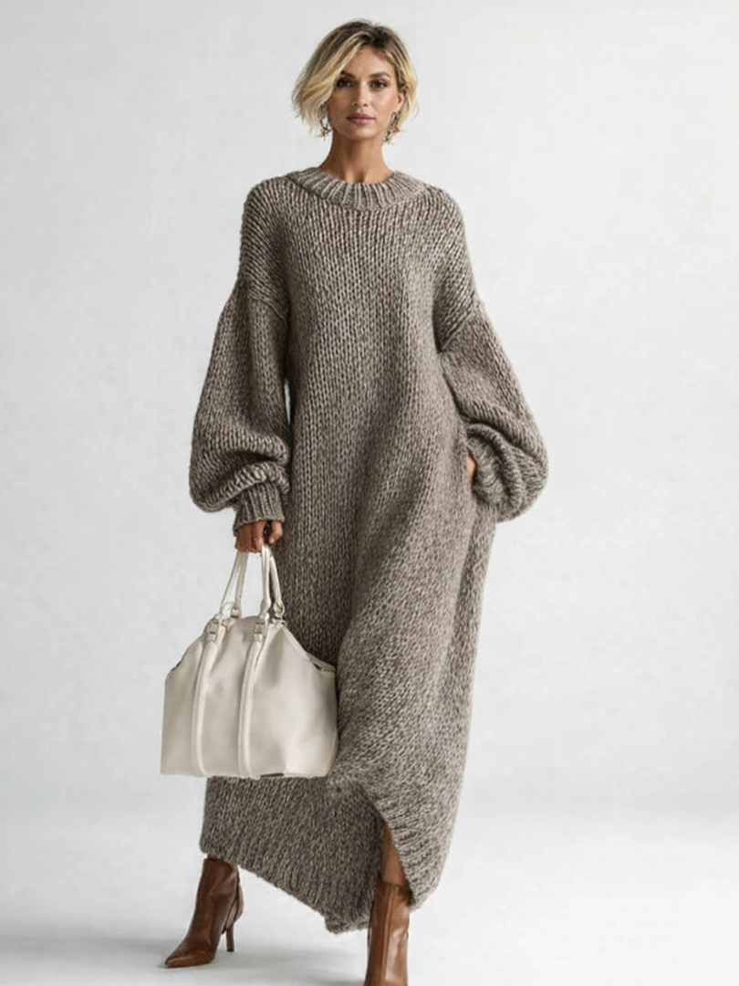 Women's Cozy Chunky Knit Oversized Sweater Dress with Balloon Sleeves