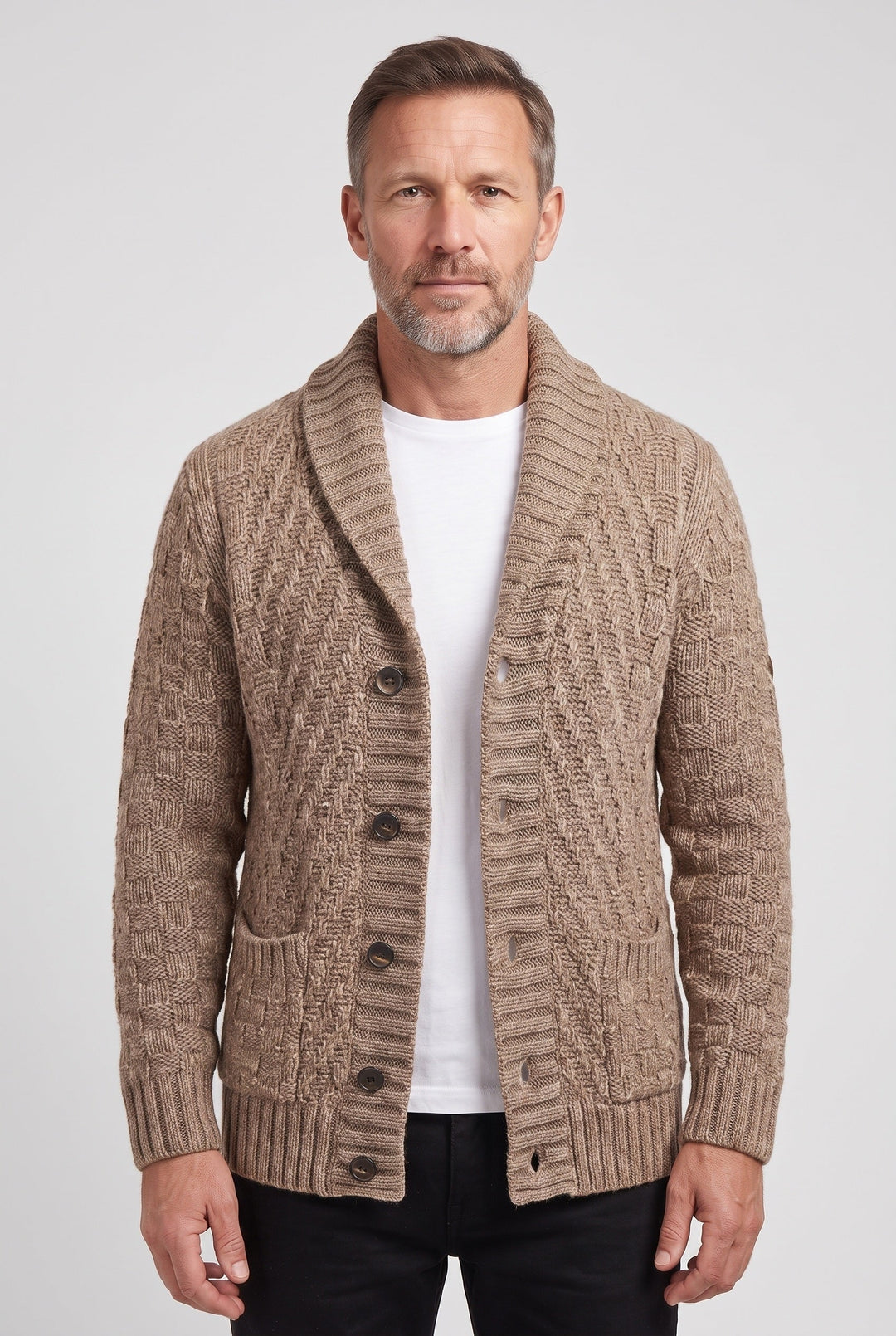 Men's Classic Basket Weave Wool Cardigan with Shawl Collar