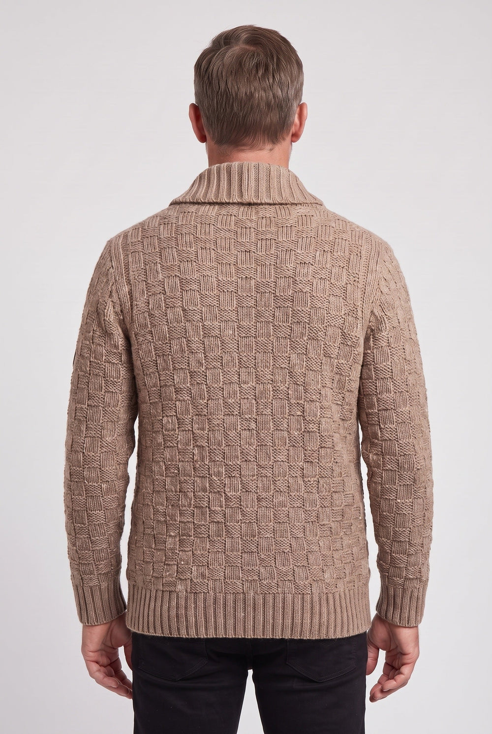Men's Classic Basket Weave Wool Cardigan with Shawl Collar