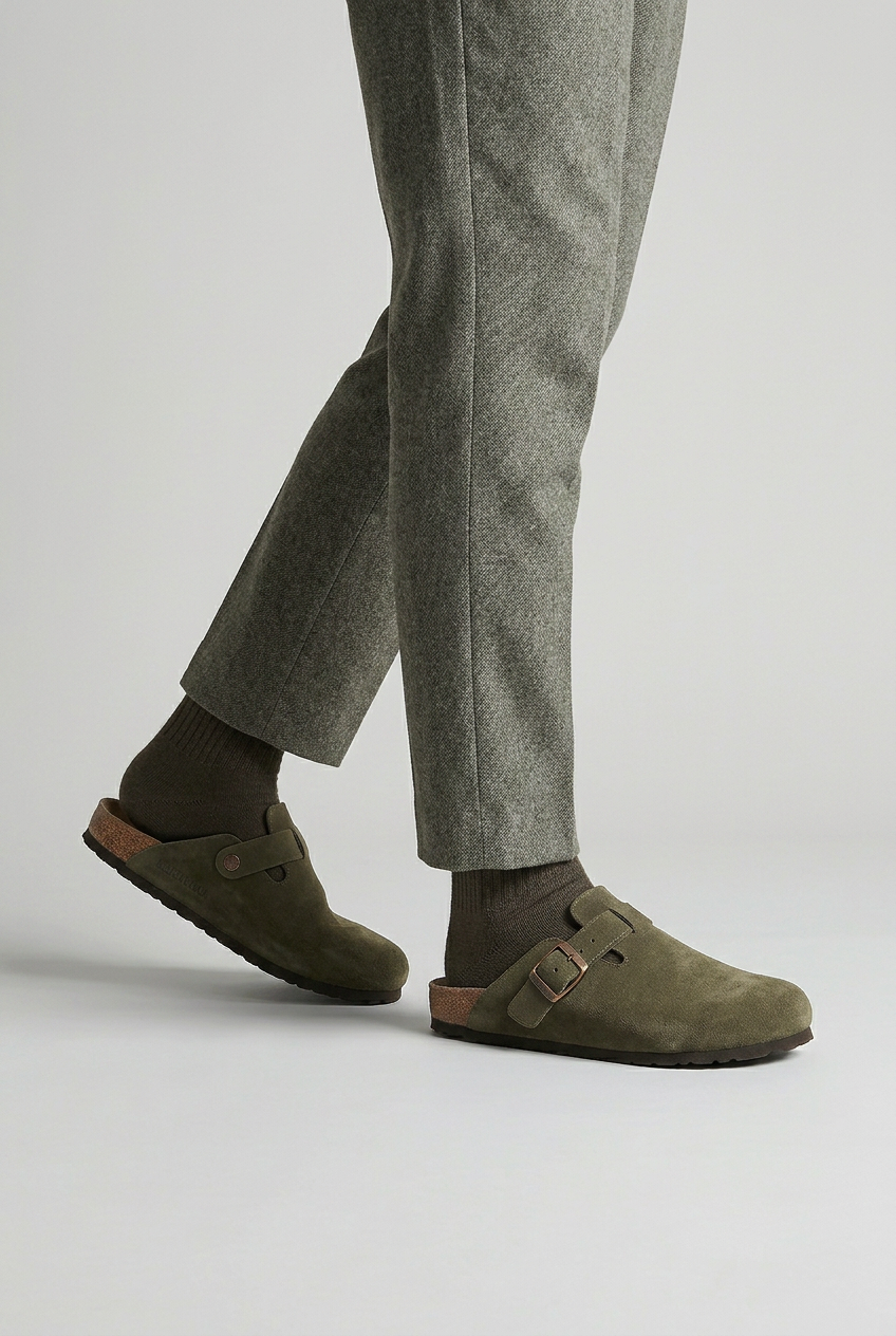 Men's Casual Buckle Strap Leather Clogs with Molded Footbed