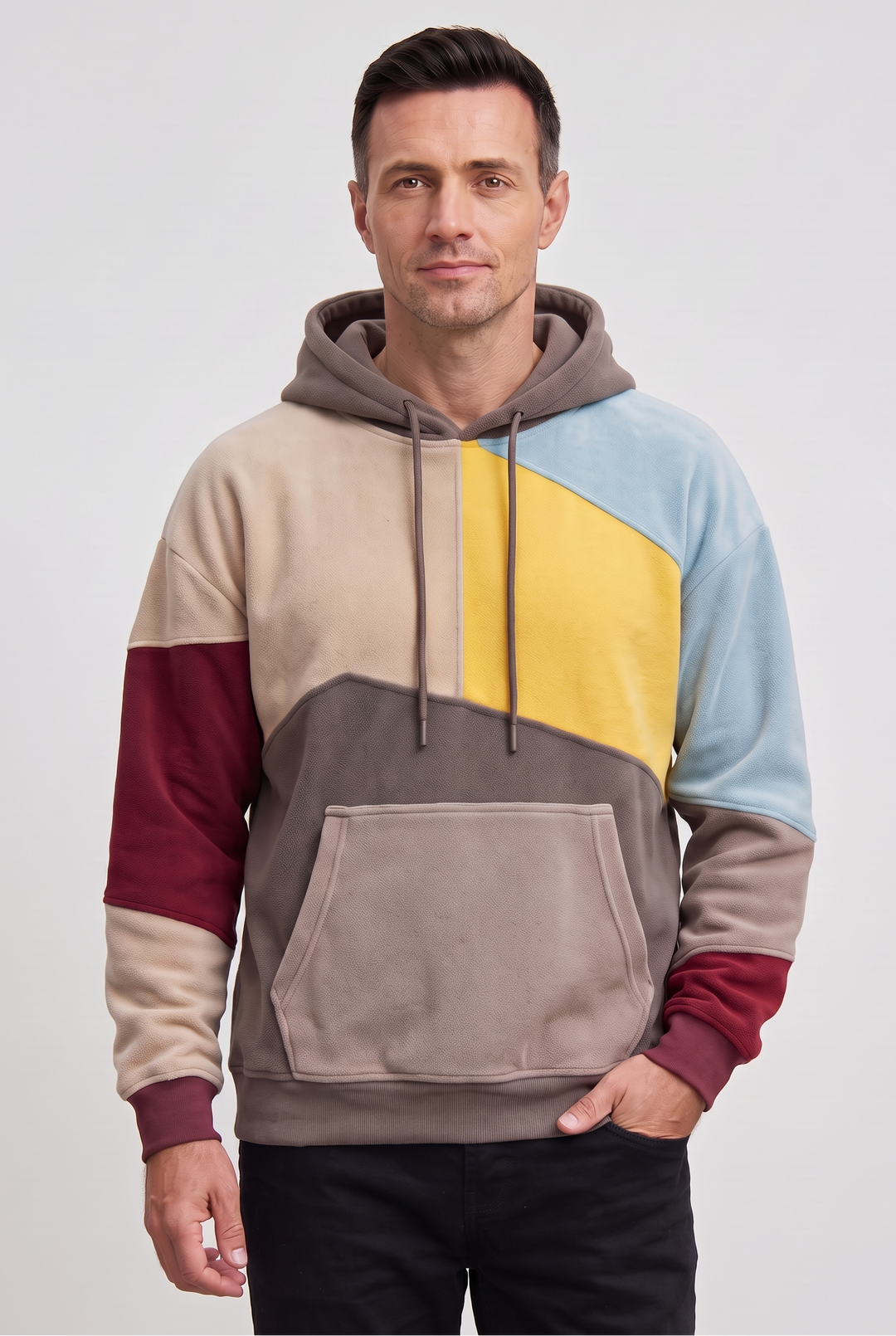 Men's Casual Cotton Blend Asymmetric Hoodie with Color Block Panels
