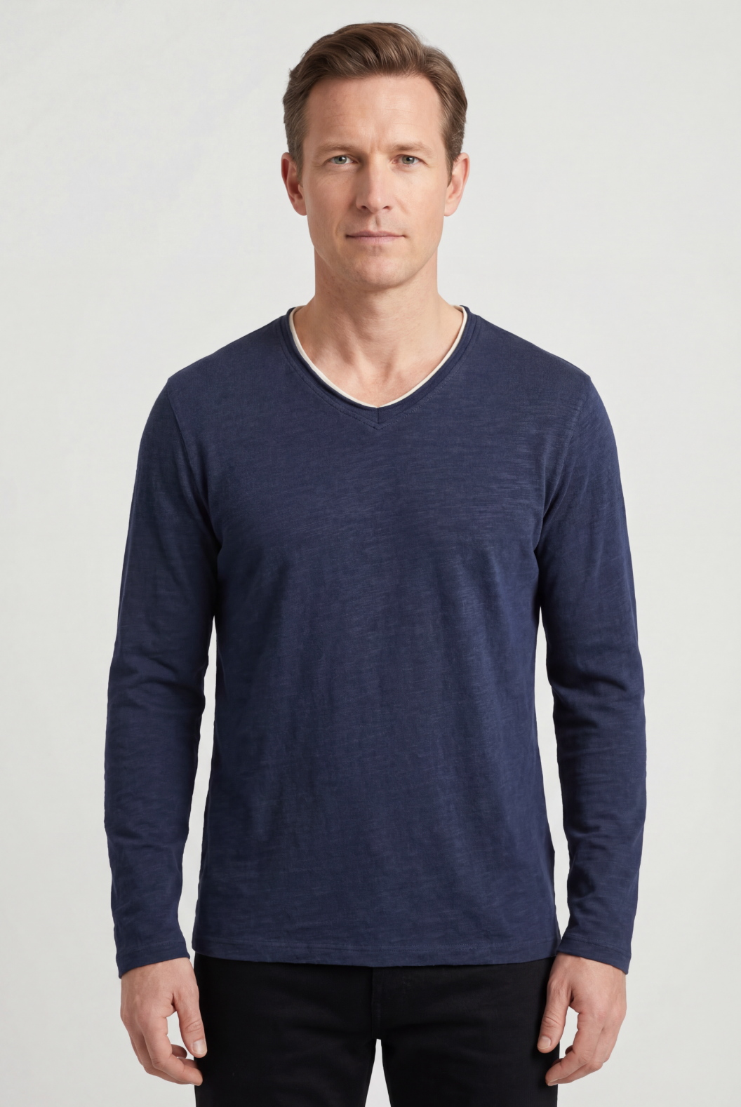Men's Casual Cotton V-Neck Long Sleeve Shirt with Layered Trim