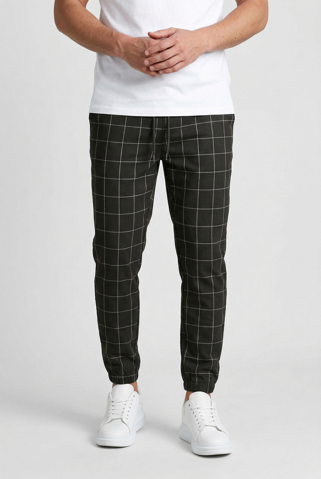 Men's Casual Windowpane Check Elastic Cuff Trousers