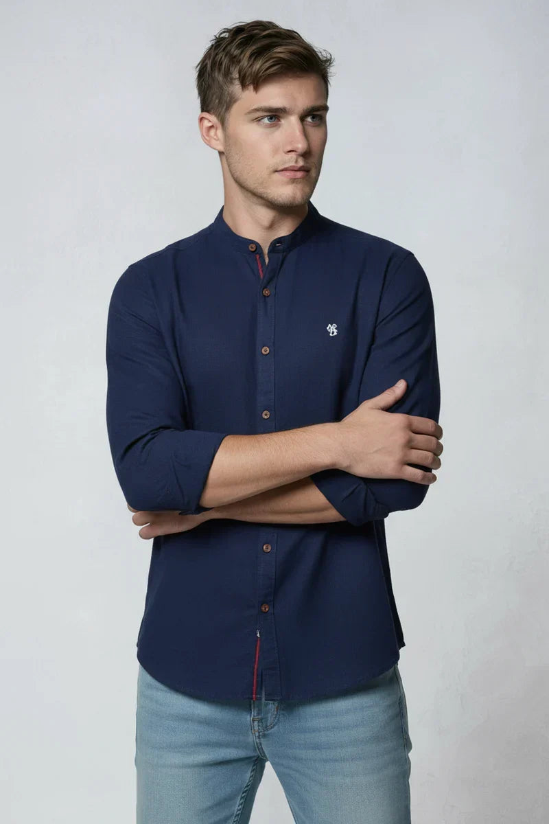 Men's Casual Cotton Band Collar Shirt with Contrast Placket