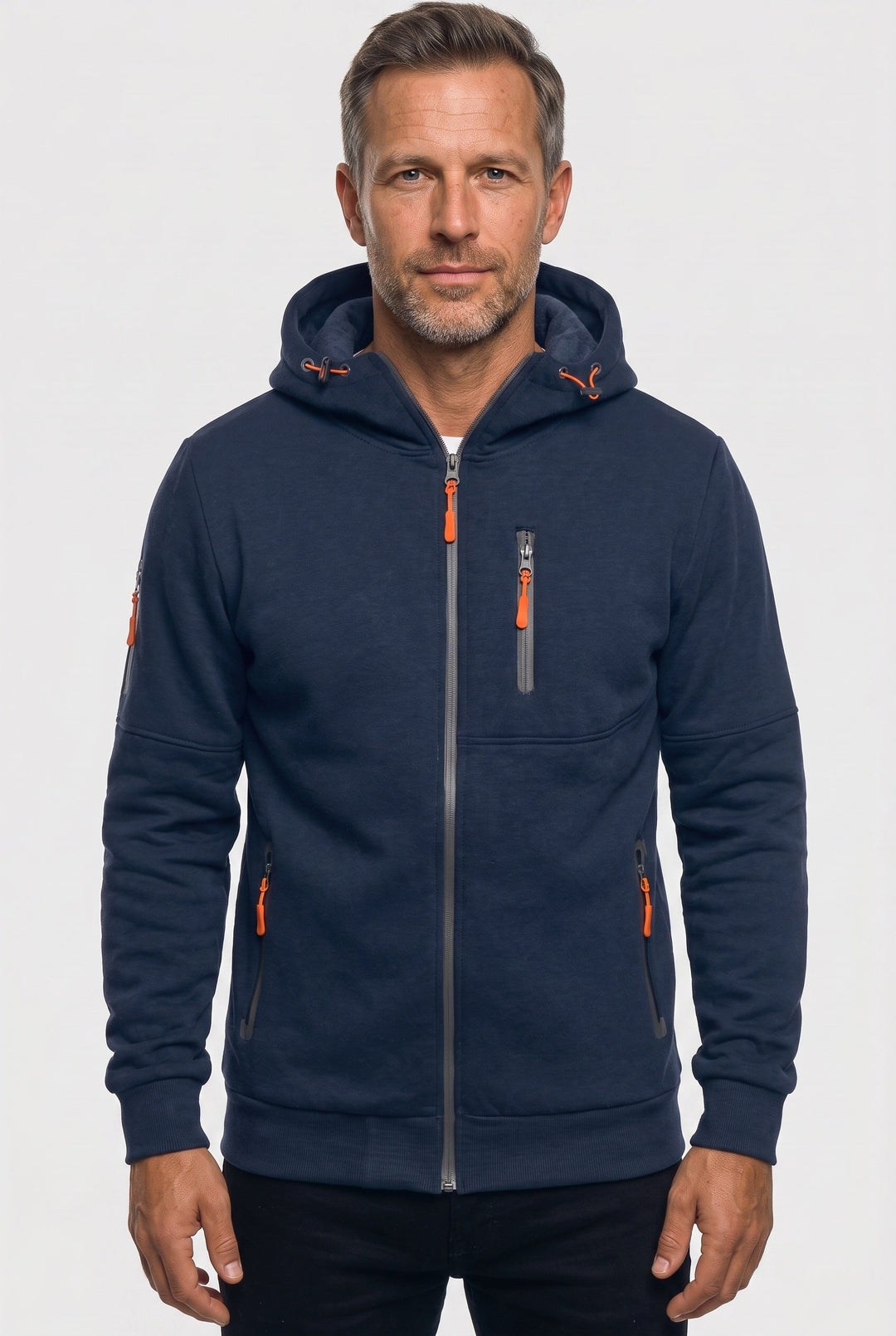 Men's Casual Cotton Zip-Up Hoodie with Multiple Zipped Pockets