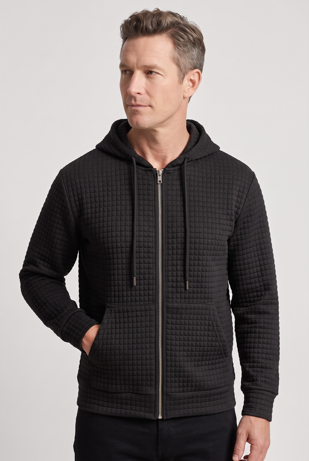 Men's Casual Waffle Knit Zip-Up Hoodie with Front Pockets