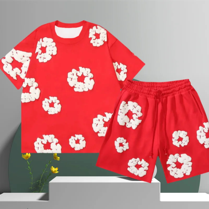 Men's Casual Cotton 3D Floral Print Shorts Set