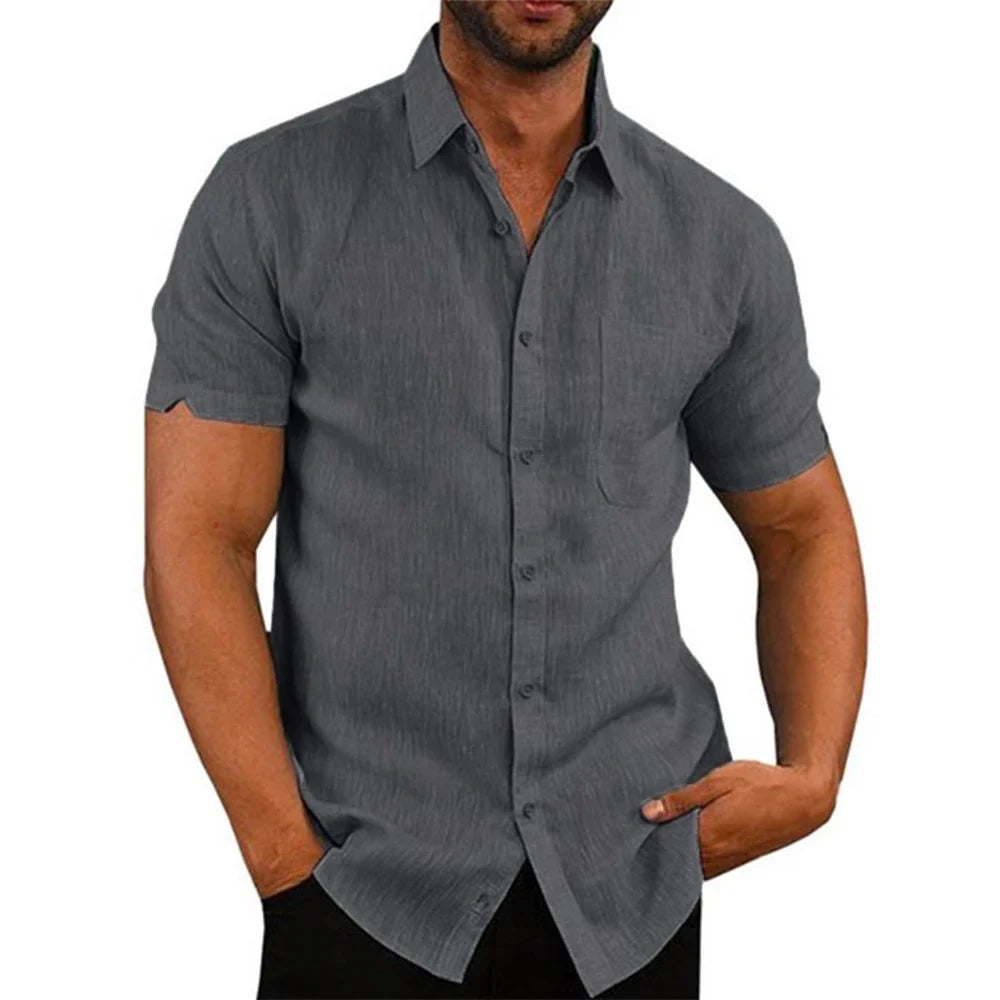 Men's Casual Cotton Linen Short Sleeve Shirt