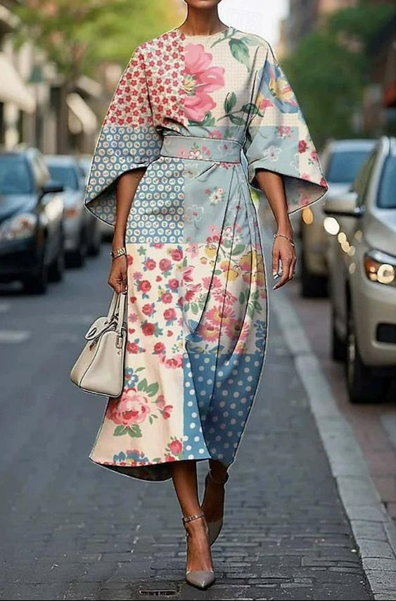 Women's Floral Midi Dress with Kimono Sleeves and Belt