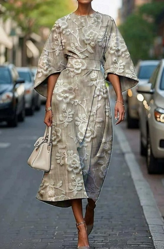 Women's Floral Midi Dress with Kimono Sleeves and Belt