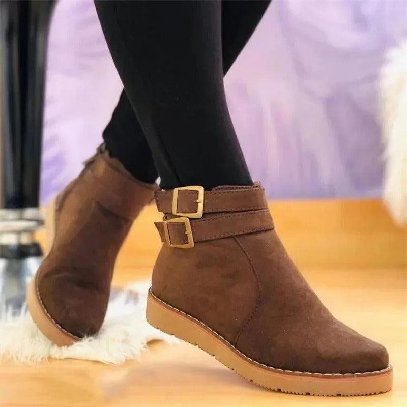 Women's Stylish Double Buckle Leather Strap Boots