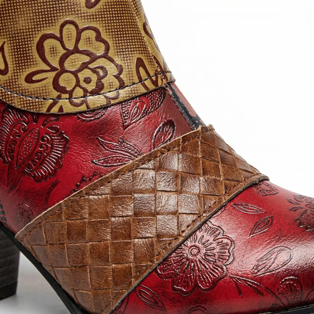 Women's Boho Embroidered Leather Ankle Boots with Block Heel