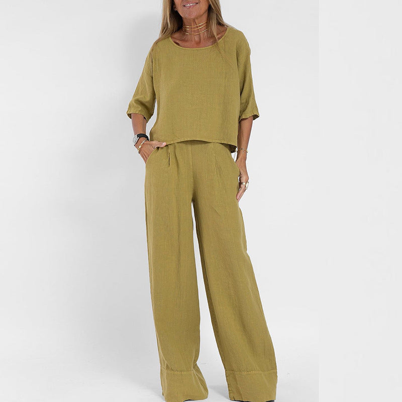 Women's Casual Linen Relaxed Fit Wide Leg Set