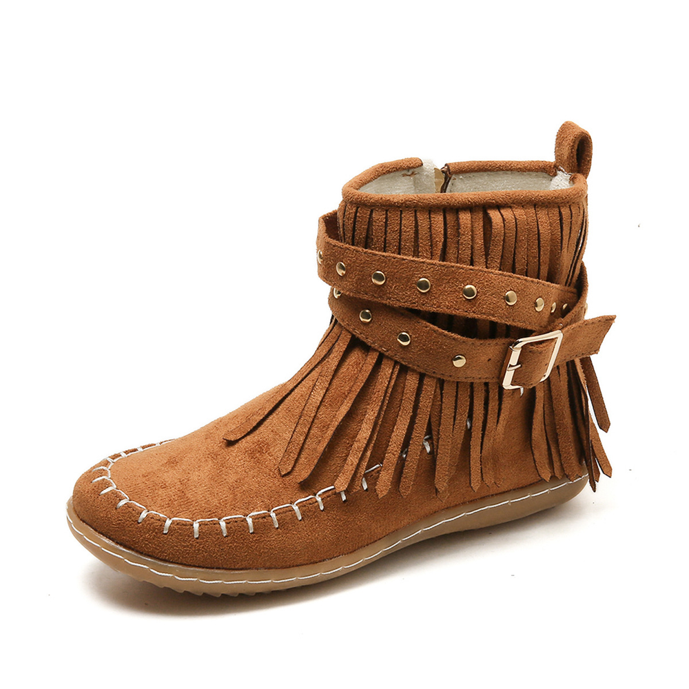 Women's Stylish Leather Buckle Ankle Boots with Fringe