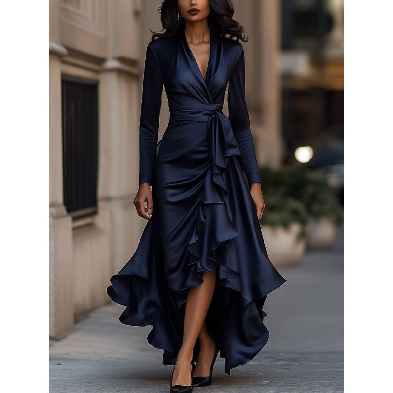 Women's Elegant Wrap V-Neck Long Sleeve Maxi Dress