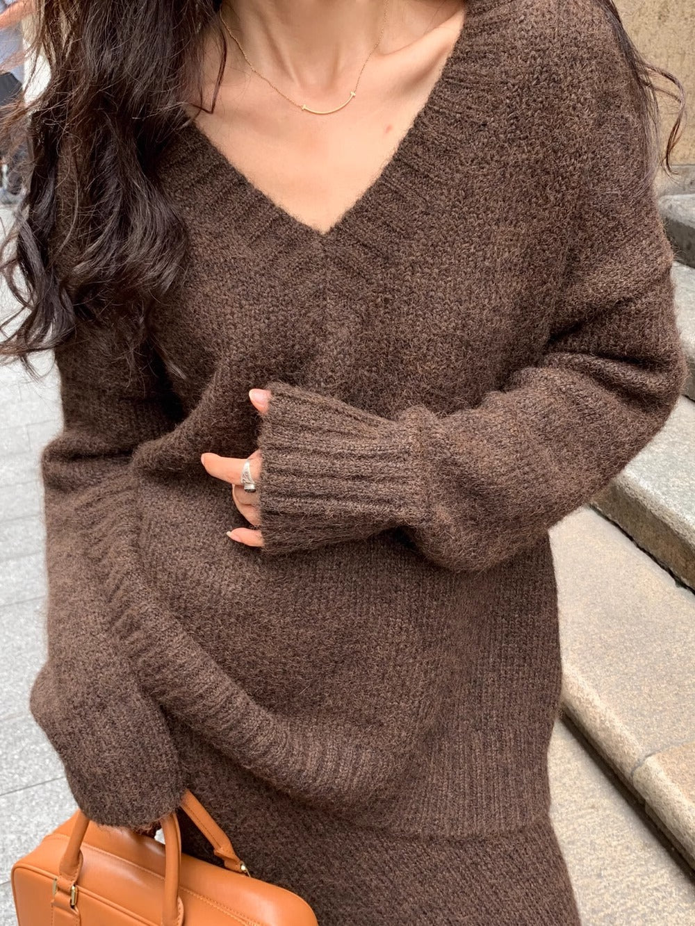 Women's Casual V-Neck Knit Sweater and Flare Midi Skirt Set