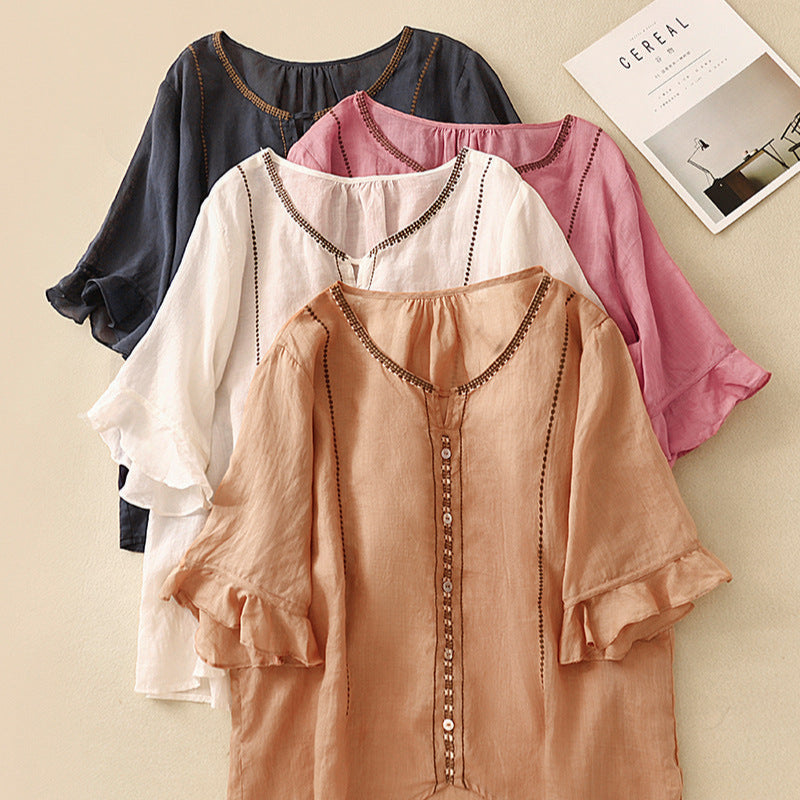 Women's Elegant Ruffle Sleeve Cotton Blouse
