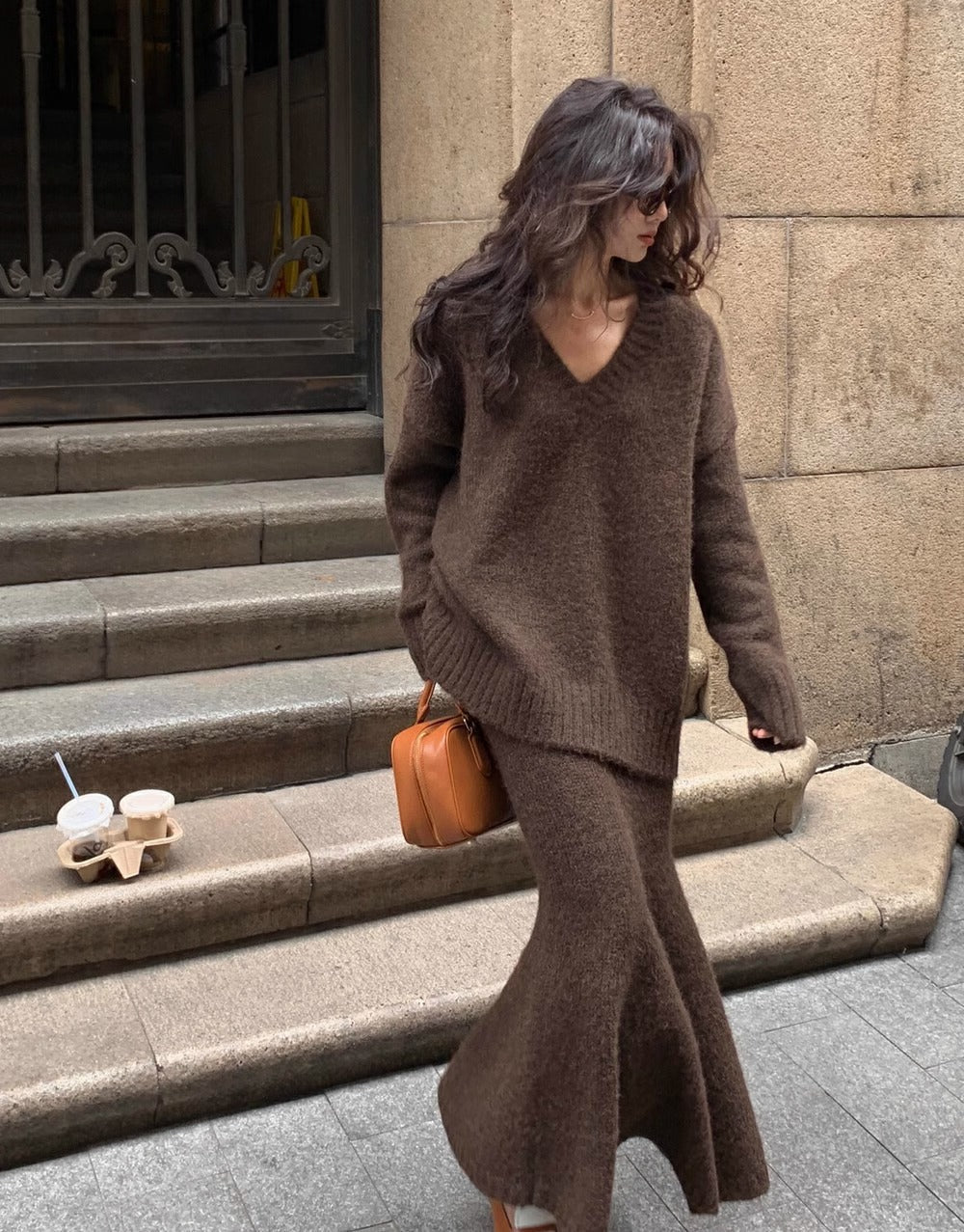 Women's Casual V-Neck Knit Sweater and Flare Midi Skirt Set