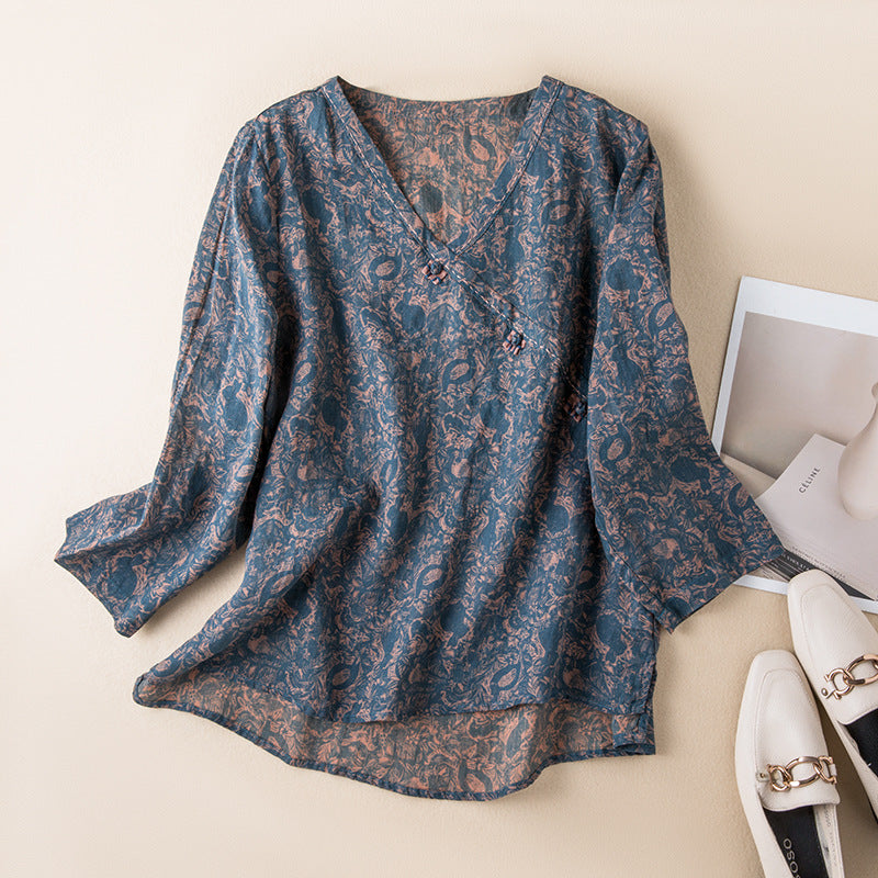 Women's Casual Printed V-Neck Blouse