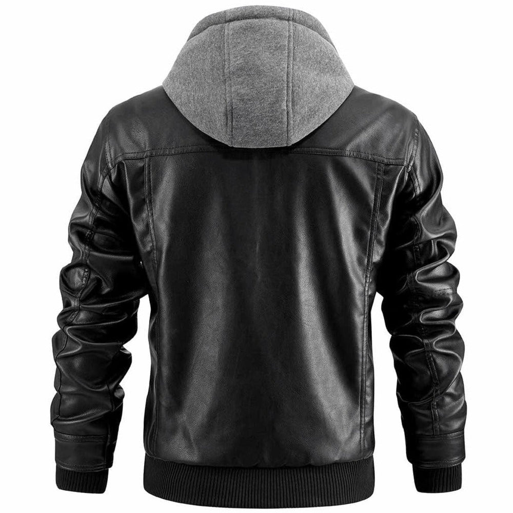 Men's Casual Vegan Leather Hooded Jacket