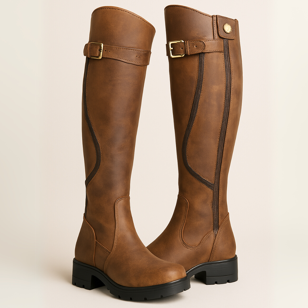 Women's Elegant Leather Knee High Buckle Waterproof Riding Boots