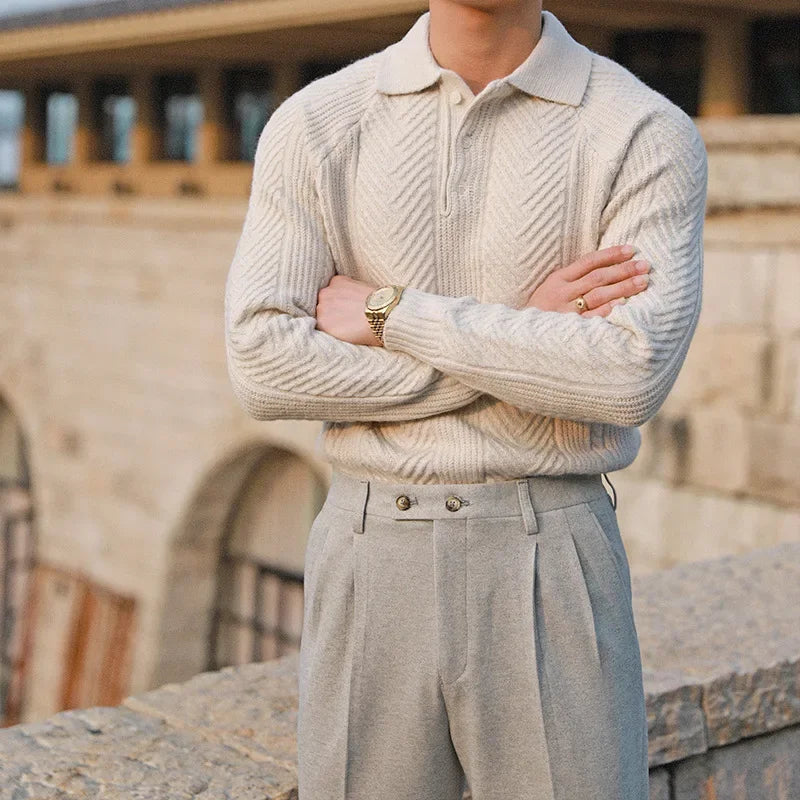 Men's Casual Textured Long Sleeve Zip Polo Shirt