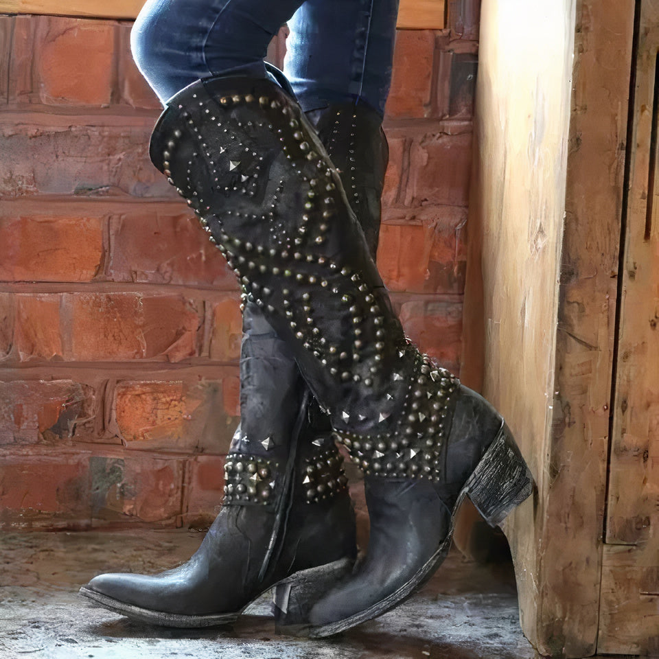 Women's Stylish Leather Studded Embroidered Cowgirl Boots