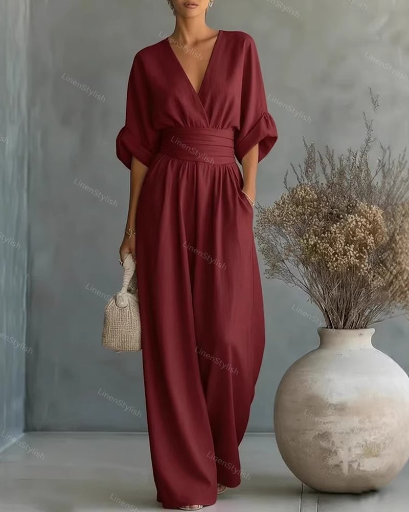 Women's Elegant V-Neck Wrap Maxi Jumpsuit