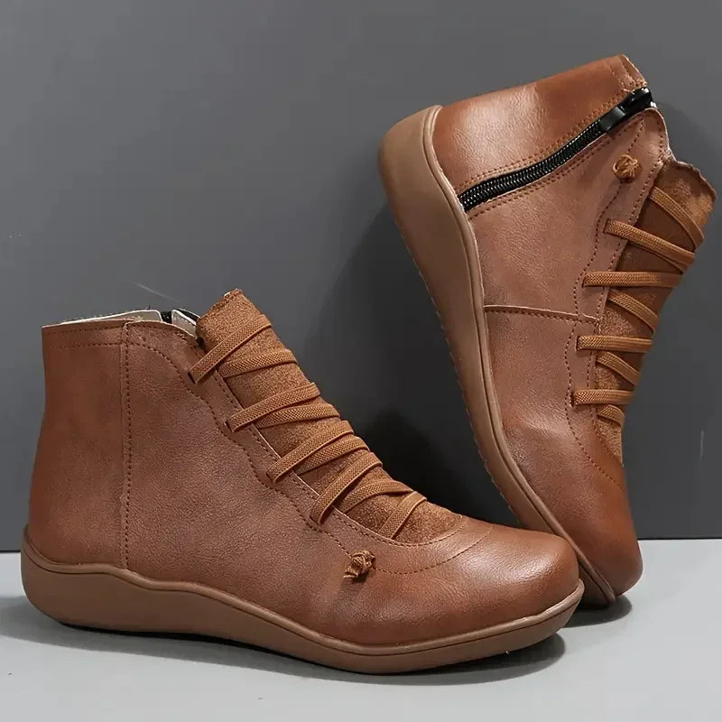Women's Stylish Leather Lace-Up Ankle Boots with Side Zip