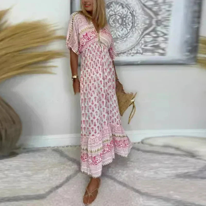 Women's Boho Print Cotton Maxi Dress with Short Sleeves in Pink