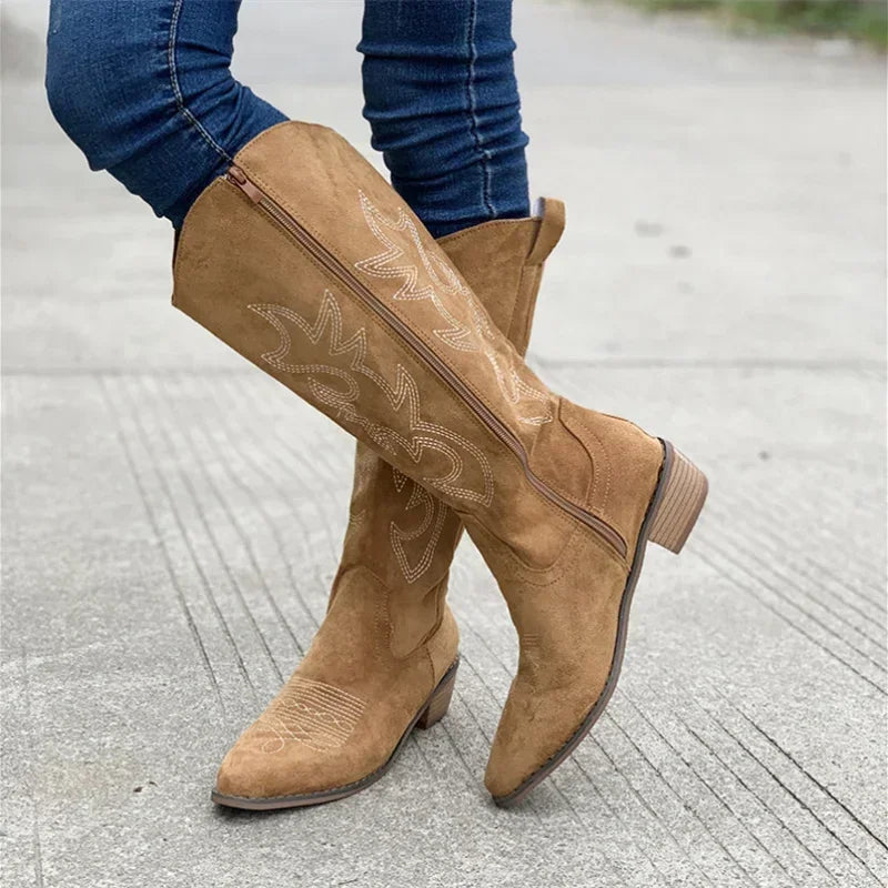 Women's Stylish Suede Embroidered Pointed Toe Western Boots