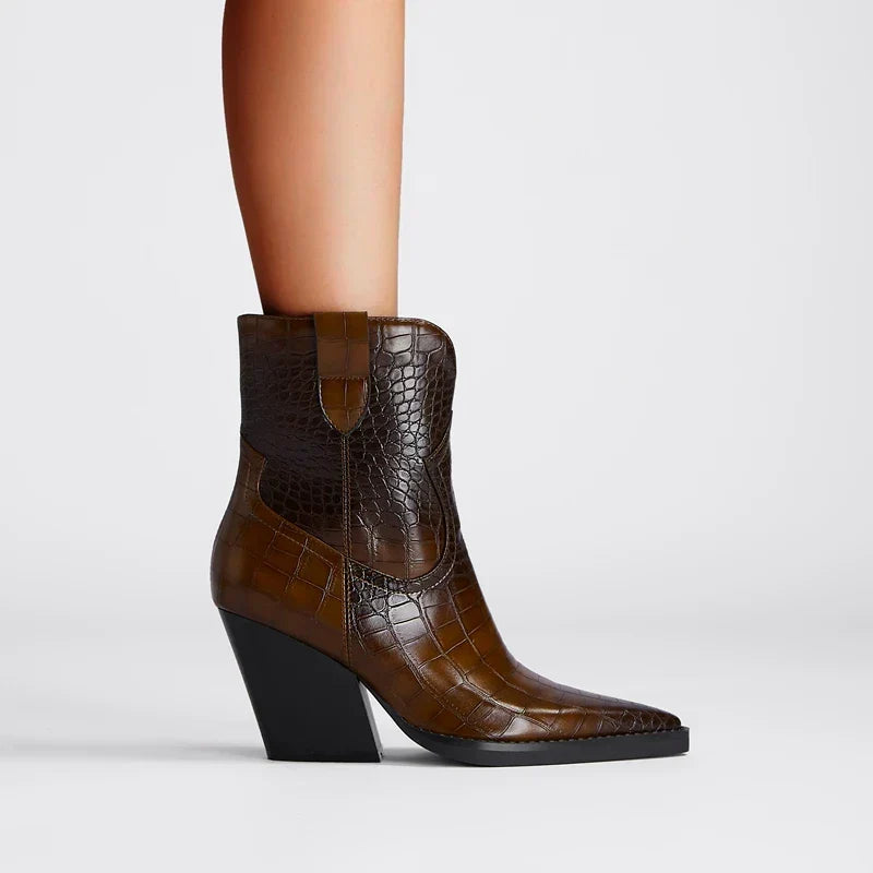 Women's Classic Pointed Toe Leather Block Heel Boots