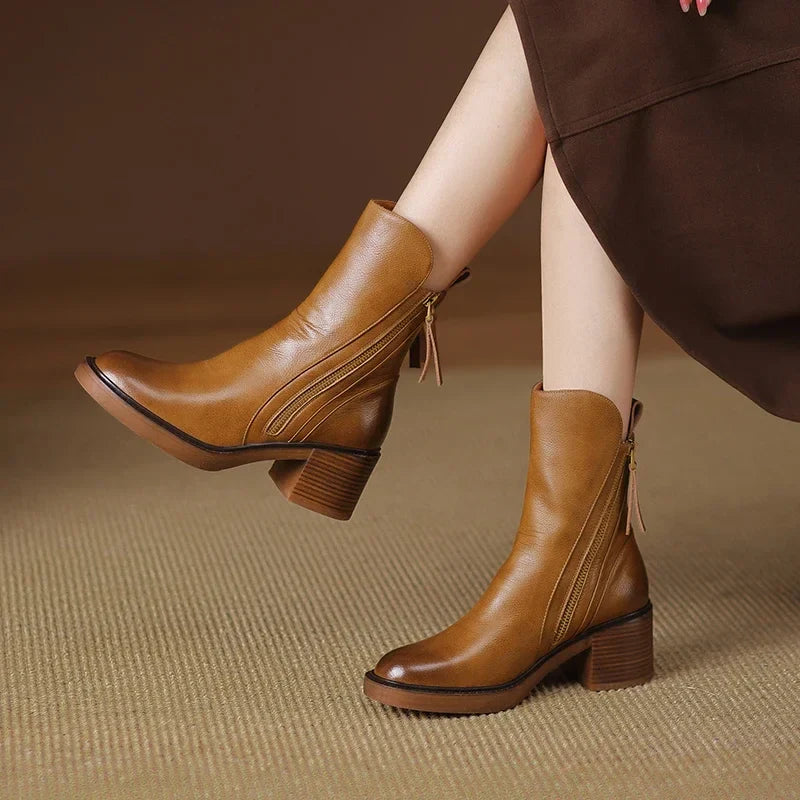 Women's Classic Leather Mid-Calf Boots with Side Zip Closure