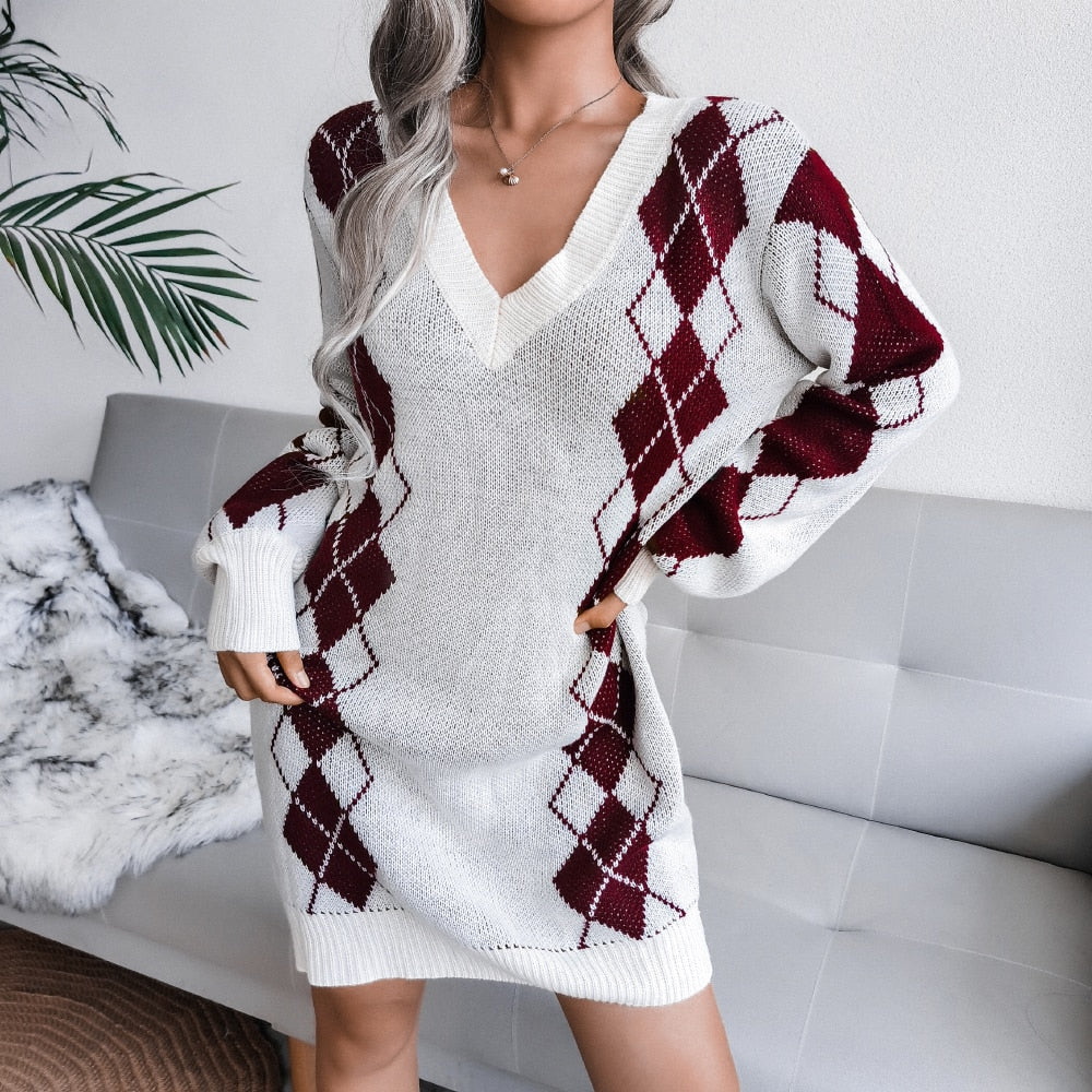 Women's Cozy Argyle Knit V-Neck Oversized Sweater Dress