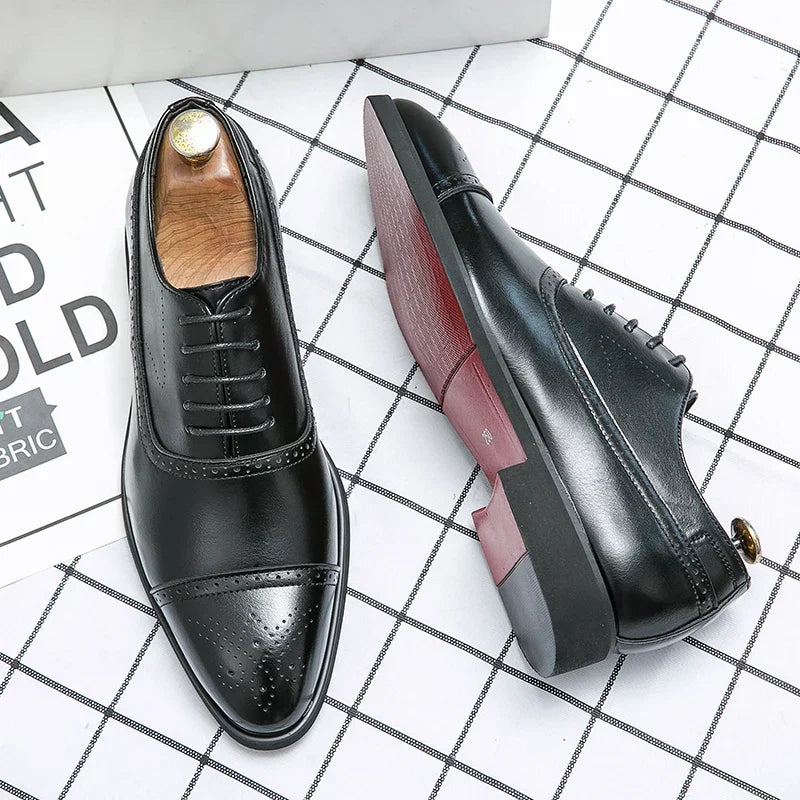 Men's Classic Leather Lace-Up Dress Shoes with Perforated Toe
