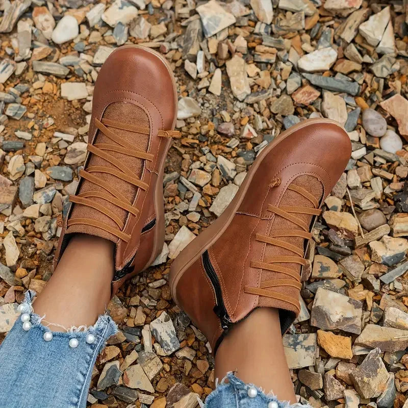 Women's Stylish Leather Lace-Up Ankle Boots with Side Zip