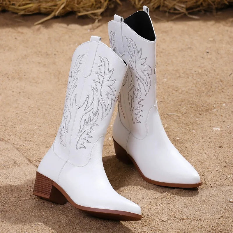 Women's Stylish White Leather Western Embroidered Block Heel Boots