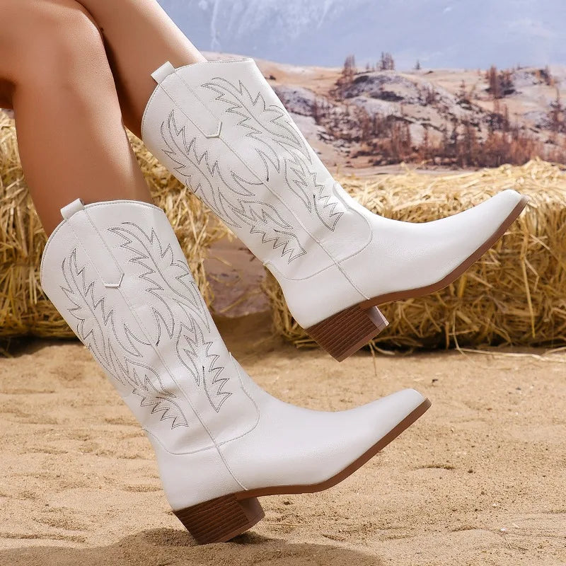 Women's Stylish White Leather Western Embroidered Block Heel Boots