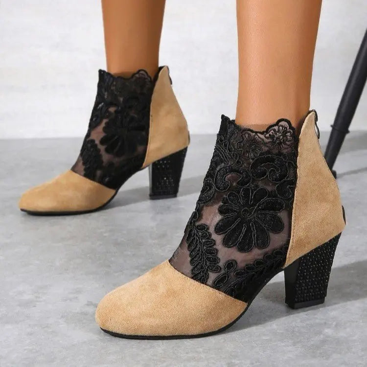 Women's Chic Lace Mesh Pointed Toe Chunky Heel Ankle Boots
