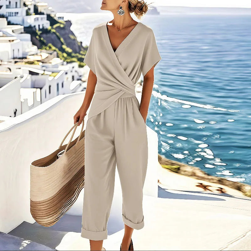 Women's Casual Wrap Cotton Crop Top and Pants Set