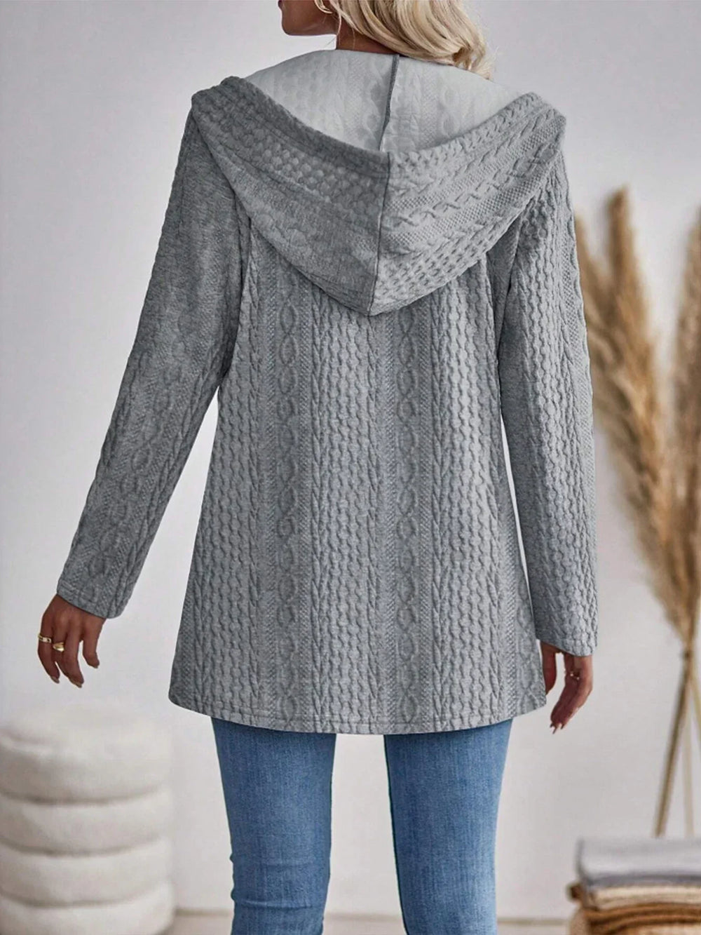 Women's Casual Cable Knit Zip-Up Hooded Cardigan