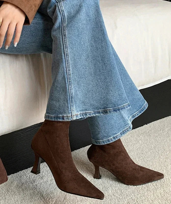 Women's Stylish Leather Pointed Heel Ankle Boots